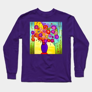 Cute Abstract Flowers in a Purple Vase Still Life Painting Long Sleeve T-Shirt